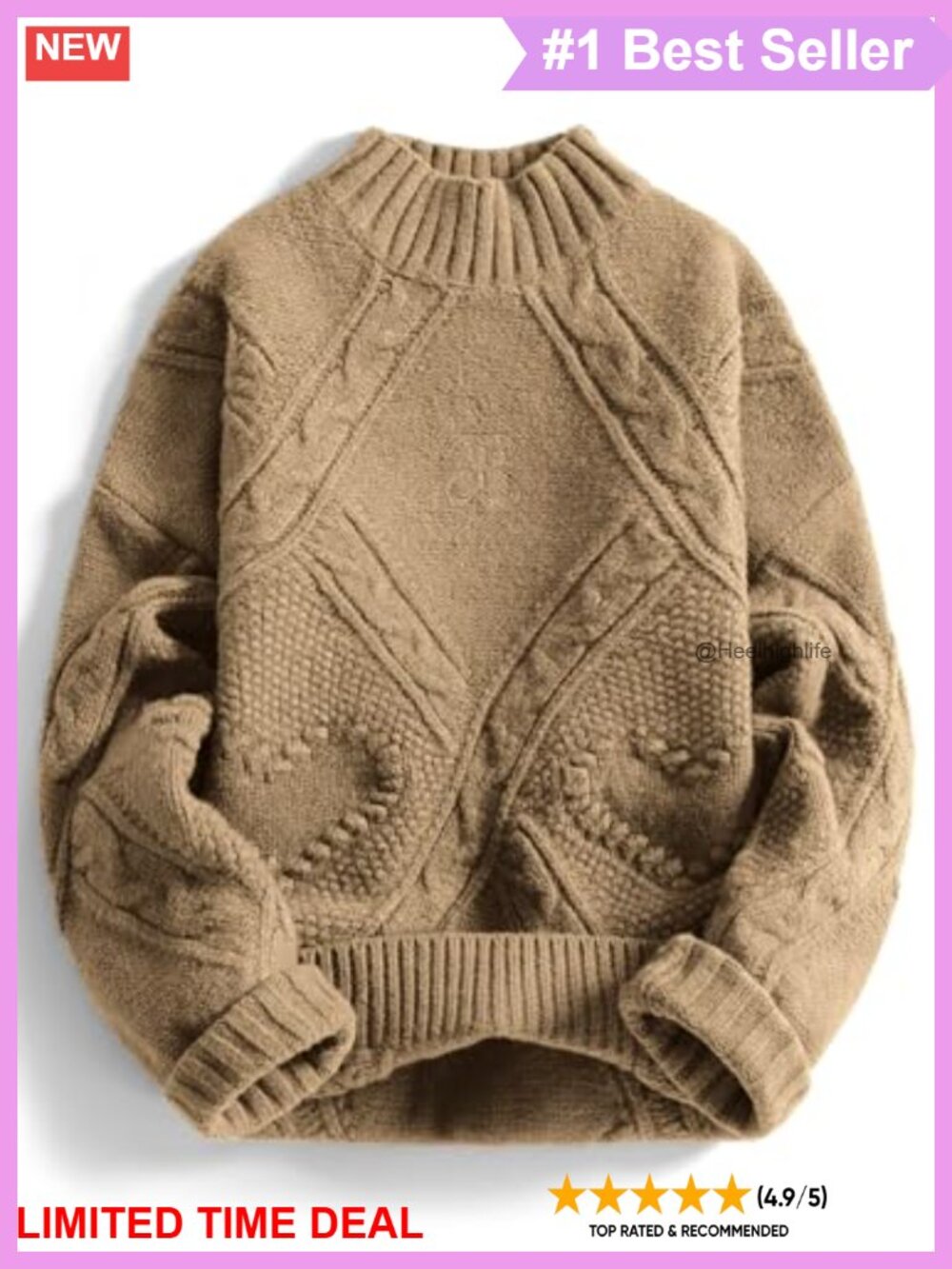 Oversized Cable Knit Mock Neck Sweater Long Sleeve Wool Blend Pullover